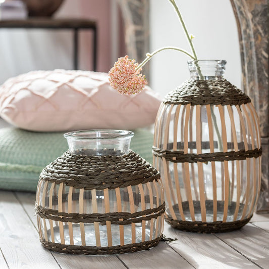 مزهرية شفاف دمج زجاج وقش حجم كبير