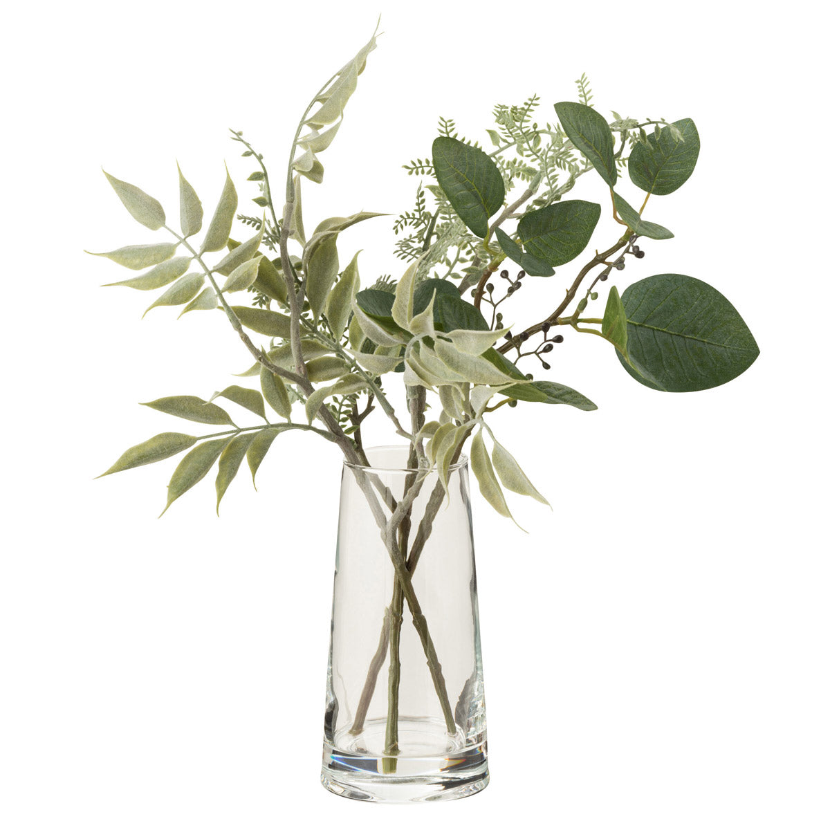 32 نبتة اصطناعية خضراء مع مزهرية زجاج شفاف