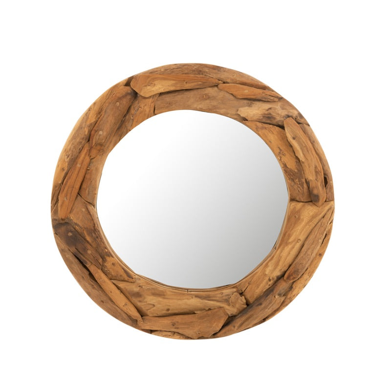 ⁨مرآة دائرية خشبية ⁩